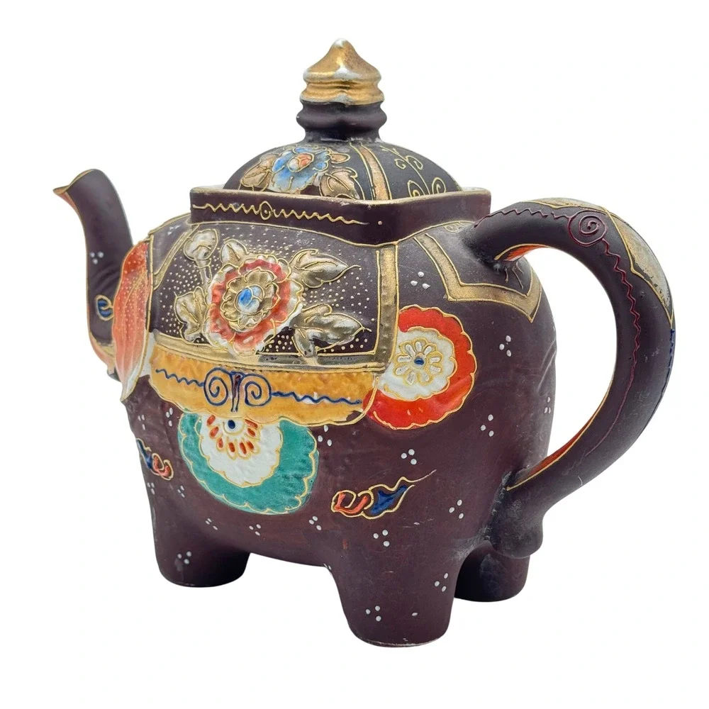 Elephant Teapot‎ Made In Japan Moriage Hand Painted Art Deco Kutani Style Enamel